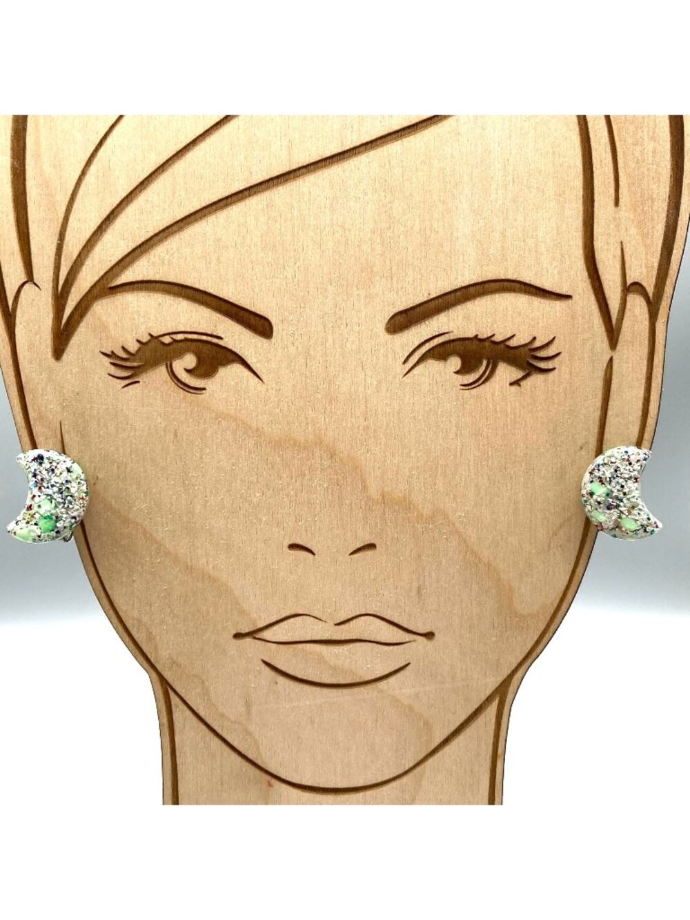 Vintage Crescent Lucite Confetti Earrings, Mint Green Acrylic with Multi Color G